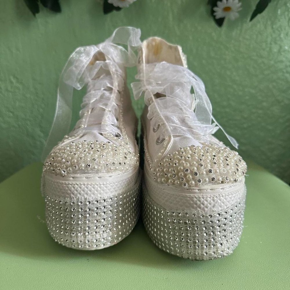Daruga Bridal Platform Sneakers Pearl Rhinestones Lace sz 40 9 - Picture 5 of 8